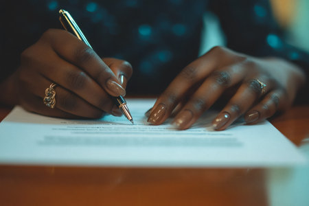 Signing a document: A hand holding a pen over important papers finalizing an agreement with style.