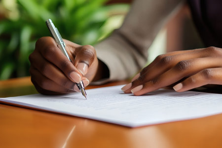 Hand writing on paper with pen Business education or legal concept Office background with green...