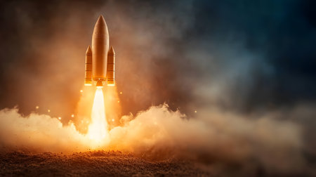 Rocket launch with fiery exhaust against a dramatic smoky backdrop Symbolizes innovation and ambition.の写真素材