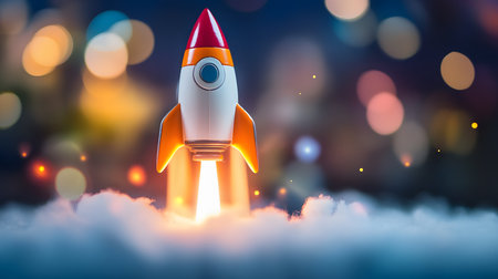 Rocket Launch: A vibrant image of a rocket taking off into the night sky amidst clouds and bokeh lights.の写真素材