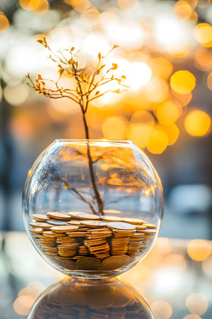 Growing investment concept: Golden coins in a glass vase with a plant suggesting financial growth.の写真素材