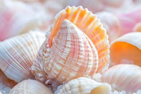 Assorted shells on white sand capturing the allure of the ocean's natural beauty and seaside...