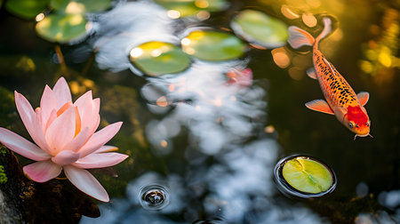 Zen Garden: Koi fish and Water Lily in Pond.の写真素材