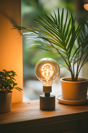 Illuminated bulb lamp on a wooden surface next to green plants in natural lighting for interior...