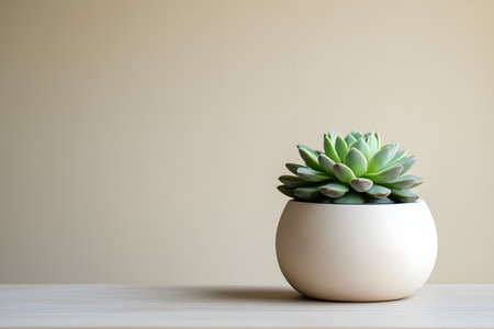 Succulent in a spherical pot on a wooden surface against a tan wall in soft natural lighting.の写真素材