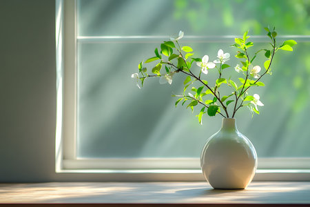 Blossoms in Vase: A serene still life with fresh white blooms and verdant leaves against a window backdrop.の写真素材