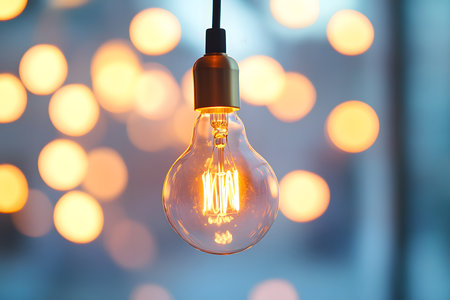 Illuminated Edison bulb glows against soft bokeh background Warm light creates a cozy atmosphere.