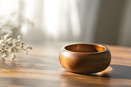 Wooden bowl on wood surface bathed in gentle sunlight Small white flowers add a touch of nature.