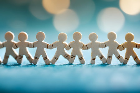 Paper dolls holding hands Symbol for unity teamwork togetherness collaboration and connection.の写真素材