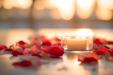 Romantic setting: Candlelight and rose petals create a warm and intimate ambiance in soft golden light.の写真素材