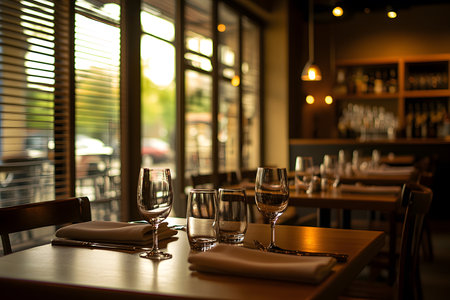 Elegant restaurant table setting with wine glasses linen napkins and cutlery bathed in warm light.