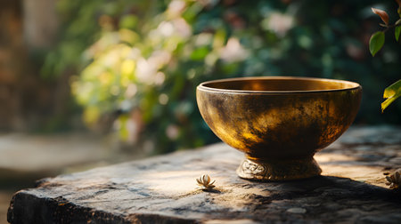 Ancient golden bowl resting peacefully on a weathered stone surface amidst serene greenery Minimalist setting.の写真素材
