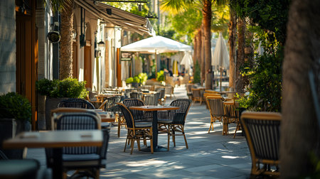 Outdoor restaurant seating area with empty tables and chairs under sun-drenched trees and umbrellas.
