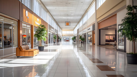 Indoor mall corridor featuring multiple shops seating and large potted plants in a commercial...