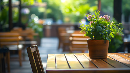 Outdoor Dining: Table with potted flowers and chairs in a serene sunlit setting.の写真素材