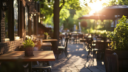Outdoor dining area bathed in sunlight featuring wooden tables chairs and greenery creating a serene setting.の写真素材