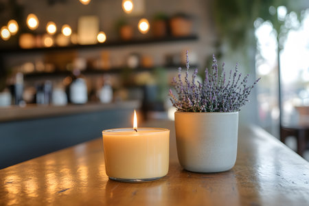 Cozy Cafe Still Life: Candlelight and Lavender enhance the inviting atmosphere of a vibrant urban coffee shop.の写真素材