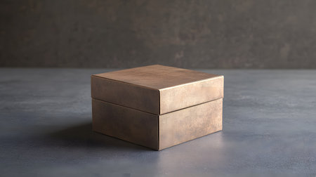 Elegant minimalist box metallic finish square shape on a grey surface against a textured backdrop.
