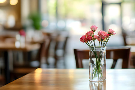 Delicate roses in a glass vase grace a wooden table adding a touch of elegance to the restaurant...