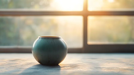 Vase on a Table in Front of Window - Simple interior home object with sunlight background.の写真素材