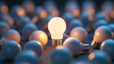 Bright Idea: A glowing lightbulb stands out in a group symbolizing innovation and creative thinking.の写真素材
