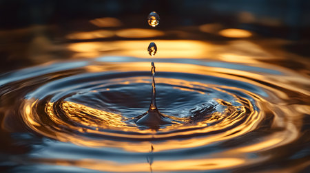 Water droplet impacting water surface creating ripples with golden light reflecting Serene and calming.の写真素材