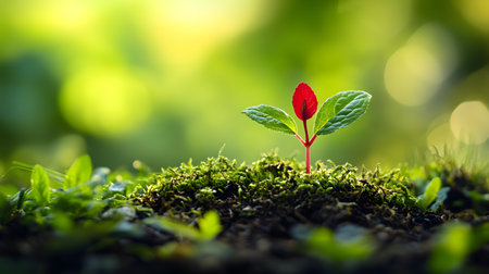 New beginning: a tiny seedling sprouts reaching towards the light in a mossy forest floor.