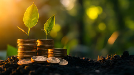 Financial growth: Coins stacked with young plants emerging from them symbolizing investment return.