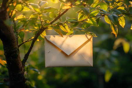 A sunlit vintage envelope is suspended from a leafy branch casting soft shadows in the vibrant...