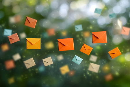 Colorful Envelopes: A whimsical scene with floating origami envelopes in a vibrant magical forest setting.の写真素材