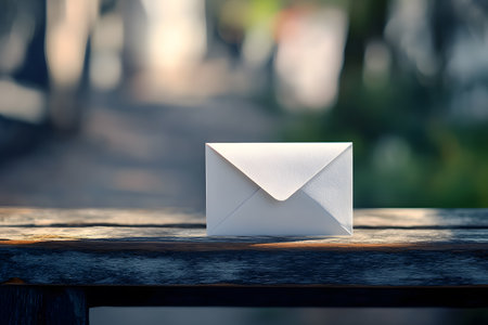 A pristine white envelope resting on a weathered wooden surface bathed in soft diffused natural light.の写真素材
