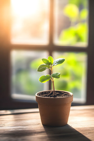 Small plant growing in a pot indoors with natural light coming from the window Symbol of new life.の写真素材