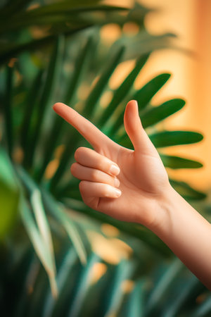Hand making a pointing gesture in front of blurred plants creating a focused and natural composition.の写真素材