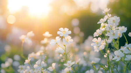 Sunlit meadow filled with delicate white flowers in full bloom capturing nature's serene beauty.