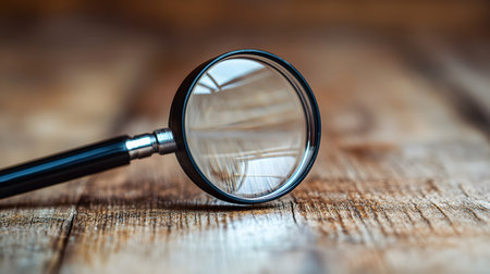 Magnifying Glass on Wood: Exploring details with focus Investigation discovery and intricate observation concept.の写真素材
