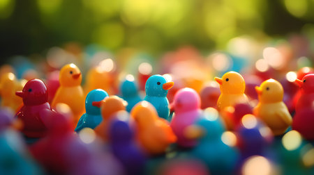 Colorful Crowd: A vibrant collection of miniature bird figures in a rainbow of hues creating a cheerful scene.の写真素材