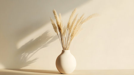 Neutral vase with dried ornamental grass in soft lighting casting subtle shadows on a minimalist backdrop.の写真素材