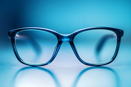 Eyeglasses on Blue: Focus on vision clarity with modern eyewear See clearly with these stylish glasses.の写真素材