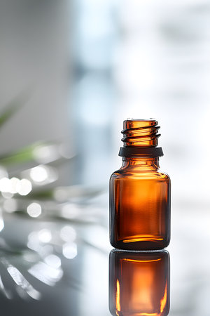 Amber bottle evoking natural medicine and aromatherapy with its minimalist design and warm...