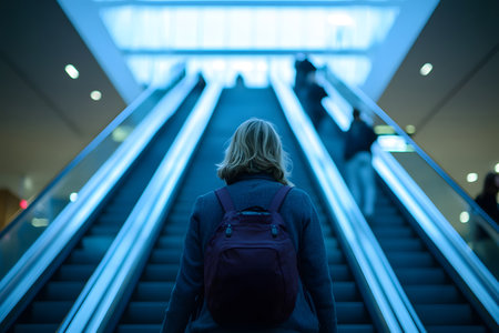 Person on an escalator in a building shot from behind Backpack Blue tint to the scene.の写真素材