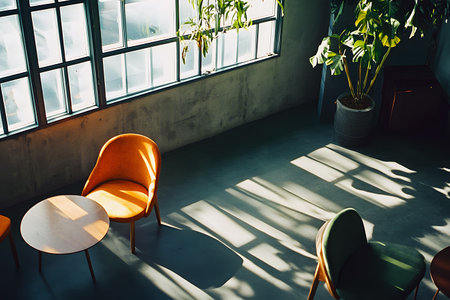 Sunlit Interior: Chairs and Tables.