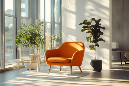 Bright sunlit interior featuring a stylish orange armchair surrounded by lush green potted plants.の写真素材