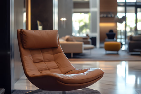 Modern leather lounge chair in a bright and spacious contemporary lounge area.の写真素材