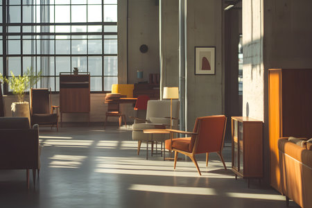 Mid-century modern furniture arrangement in a sunny spacious interior with industrial features.
