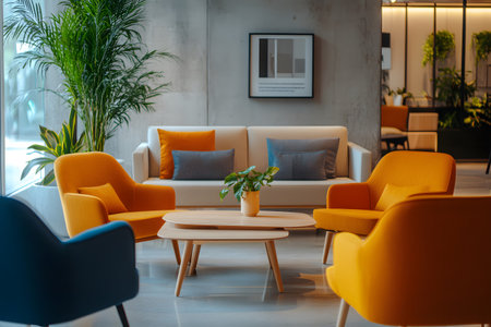 Cozy meeting space with bright chairs and lush plants creates a welcoming atmosphere for collaboration.の写真素材