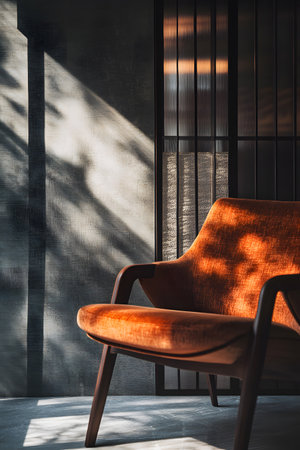 Elegant orange chair bathed in sunlight interior design meets modern comfort A stylish seating arrangement.の写真素材