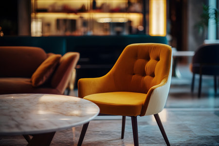 Modern interior with stylish yellow armchair marble table and cozy sofa in a dimly lit space.の写真素材