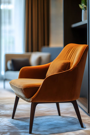 Modern Armchair: Stylish orange velvet armchair adds warmth and sophistication to contemporary interior design.の写真素材