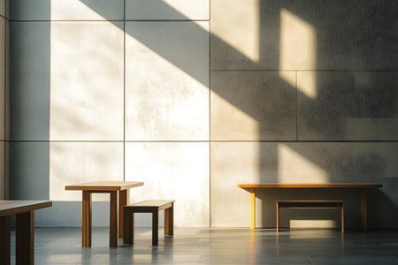 Minimalist Interior: Sunlit tables in a spacious room with textured walls create a serene...