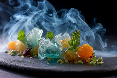 Colorful candied fruit on a black slate plate with smoke.の素材
